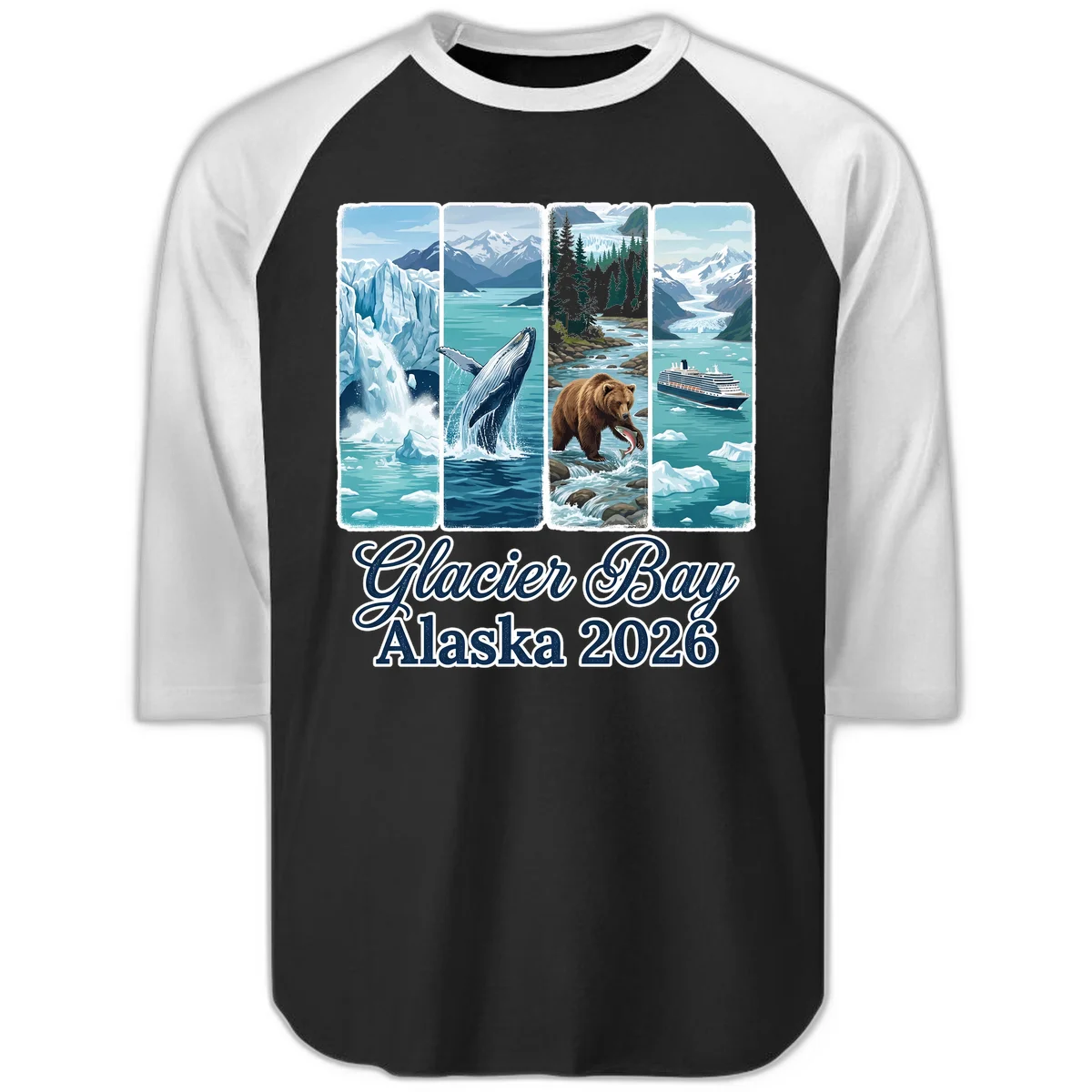 Glacier Bay Alaska 2026 Adventure Raglan 3/4 Sleeve in Black White