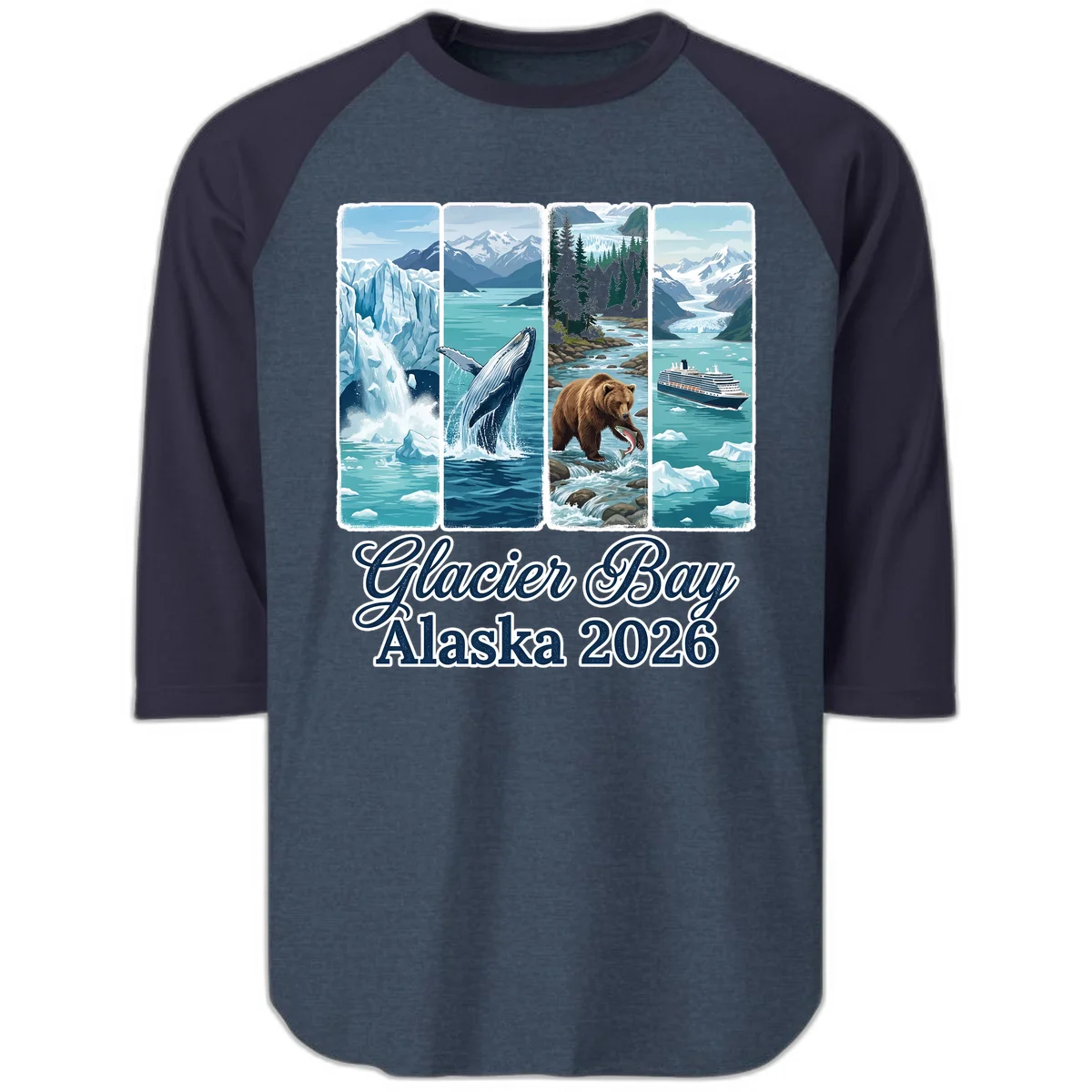 Glacier Bay Alaska 2026 Adventure Raglan 3/4 Sleeve in Heather Denim Navy