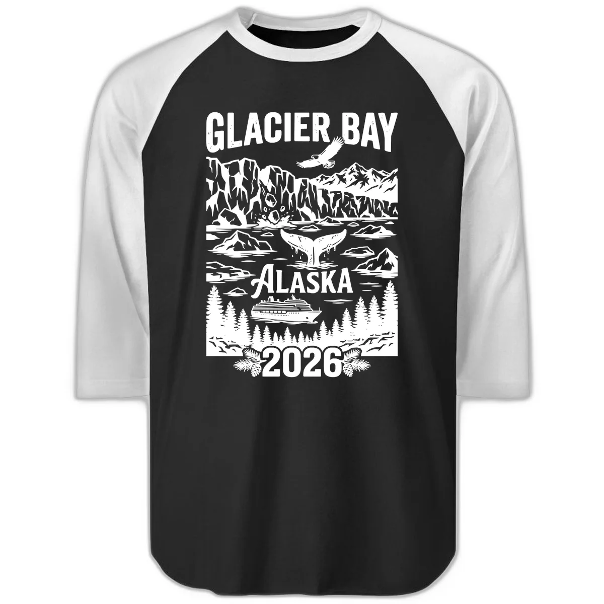 Glacier Bay Alaska Cruise 2026 Raglan 3/4 in Black White