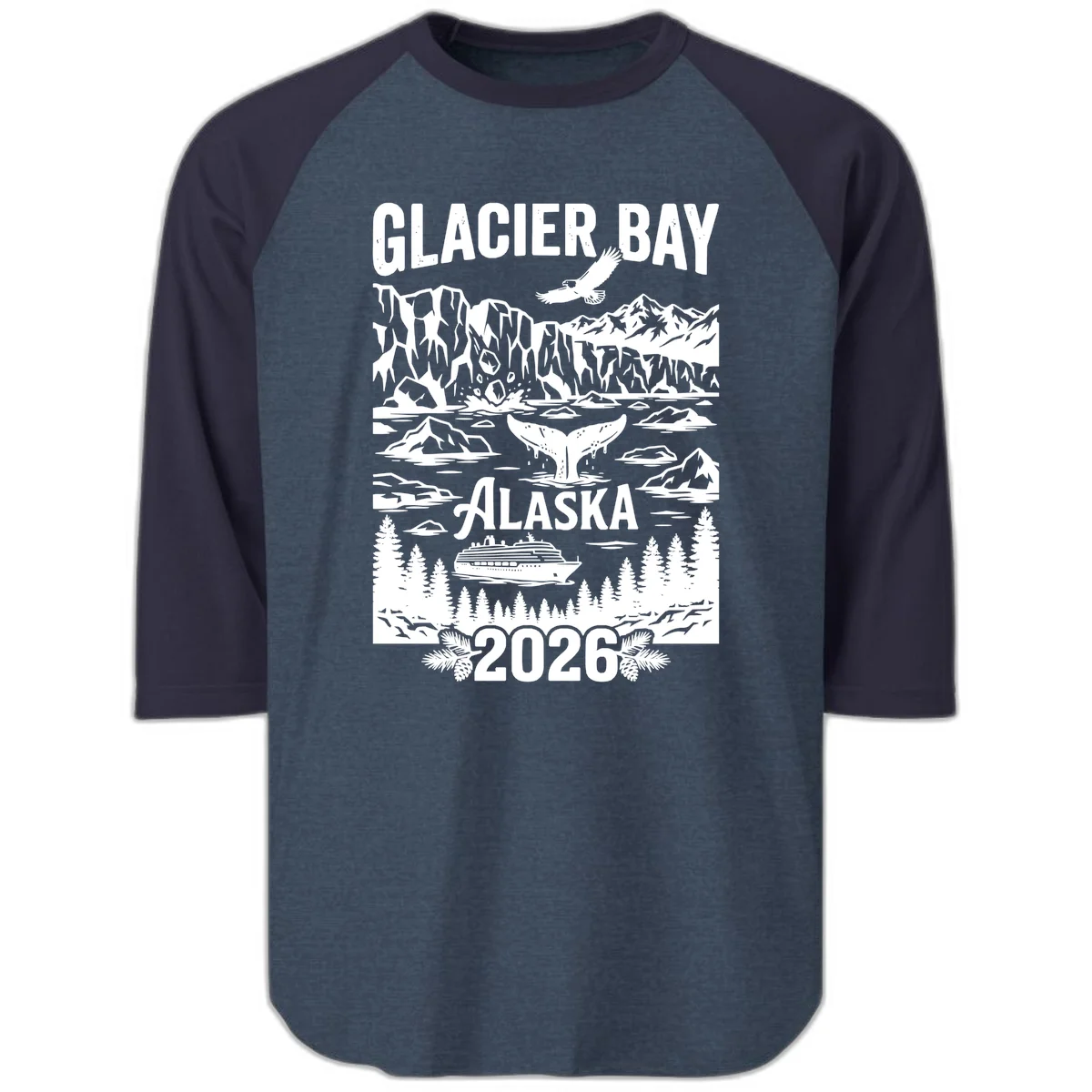 Glacier Bay Alaska Cruise 2026 Raglan 3/4 in Heather Denim Navy