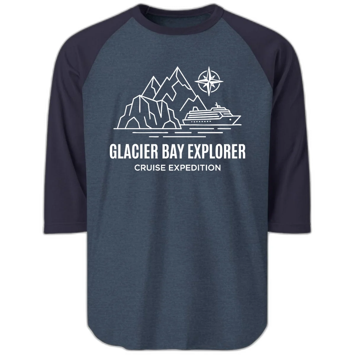 Glacier Bay Explorer Alaska Cruise Raglan 3/4 in Heather Denim Navy