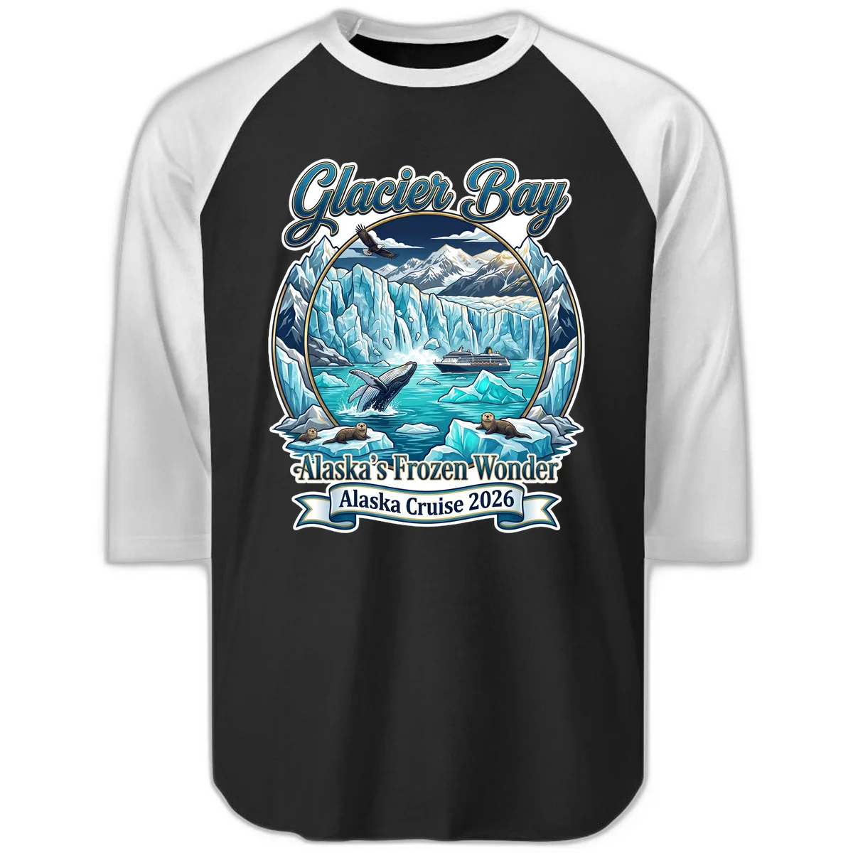 Glacier Bay Alaska's Frozen Wonder Raglan 3/4 Sleeve in Black White