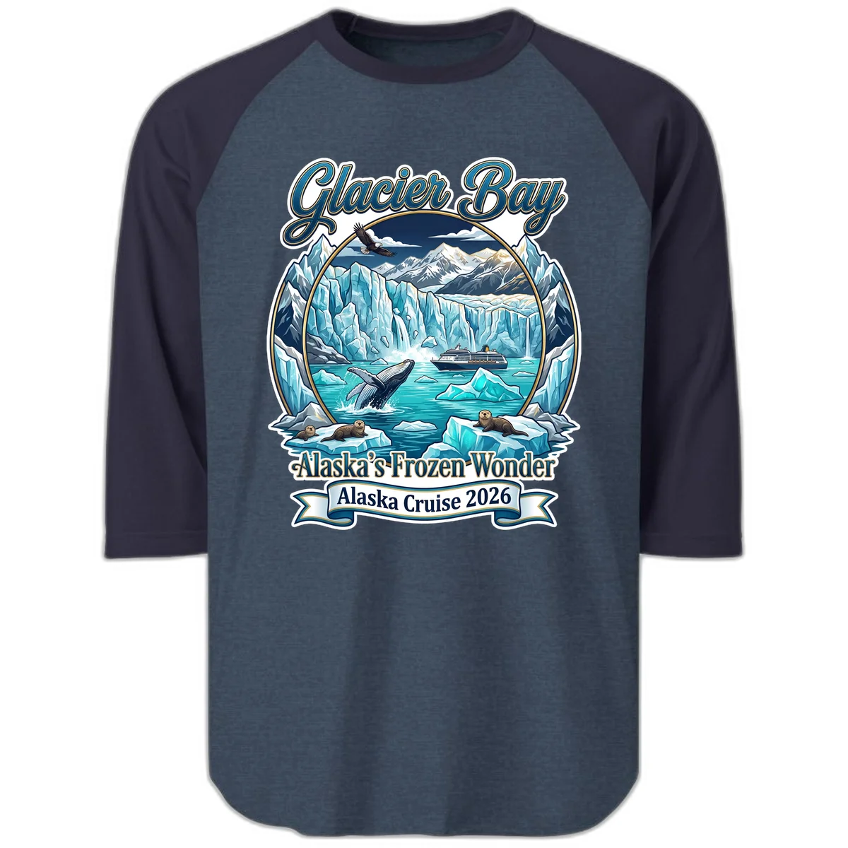 Glacier Bay Alaska's Frozen Wonder Raglan 3/4 Sleeve in Heather Denim Navy