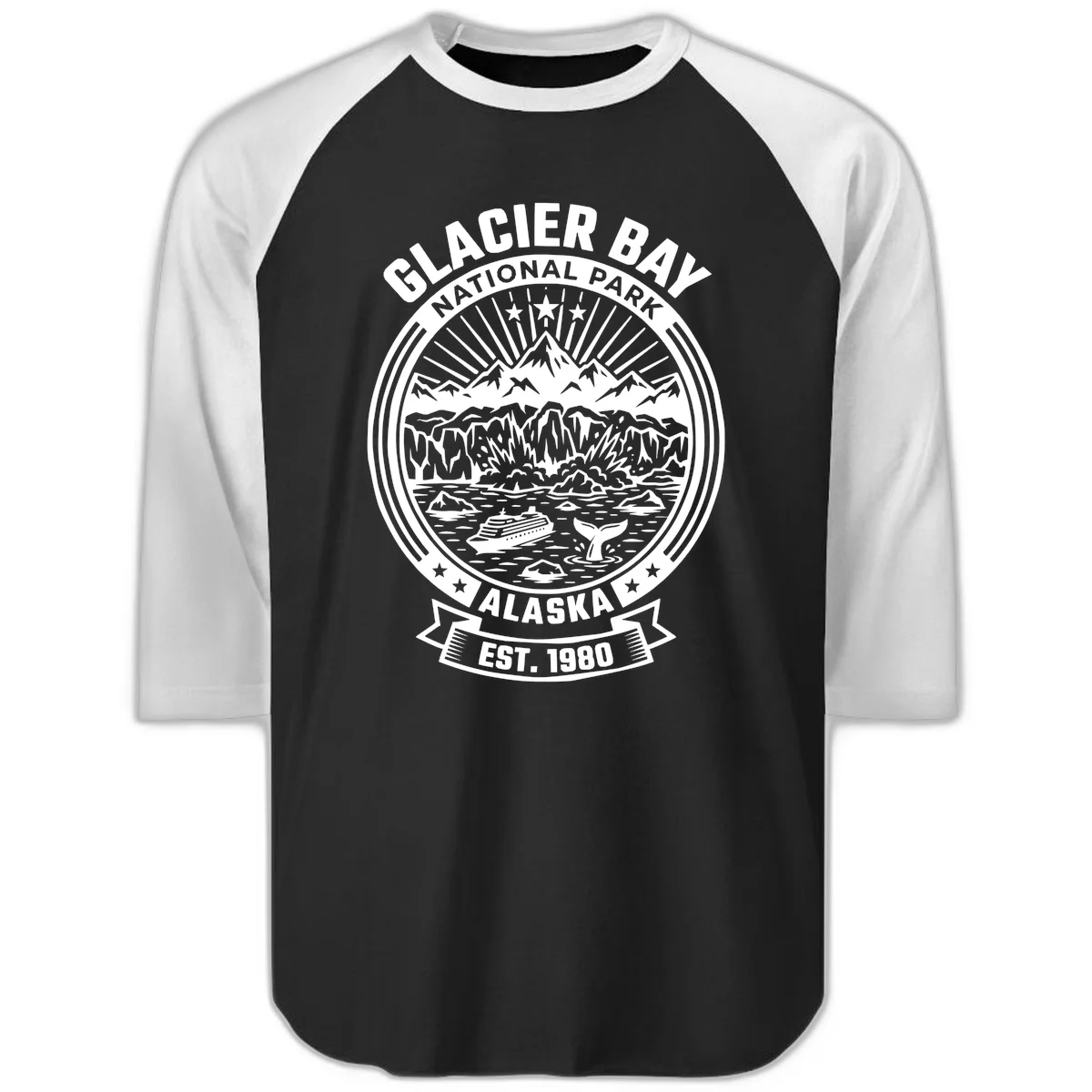 Glacier Bay National Park & Preserve Raglan 3/4 Sleeve in Black White