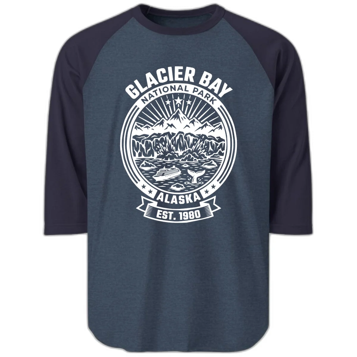 Glacier Bay Alaska National Park Raglan 3/4 in Heather Denim Navy