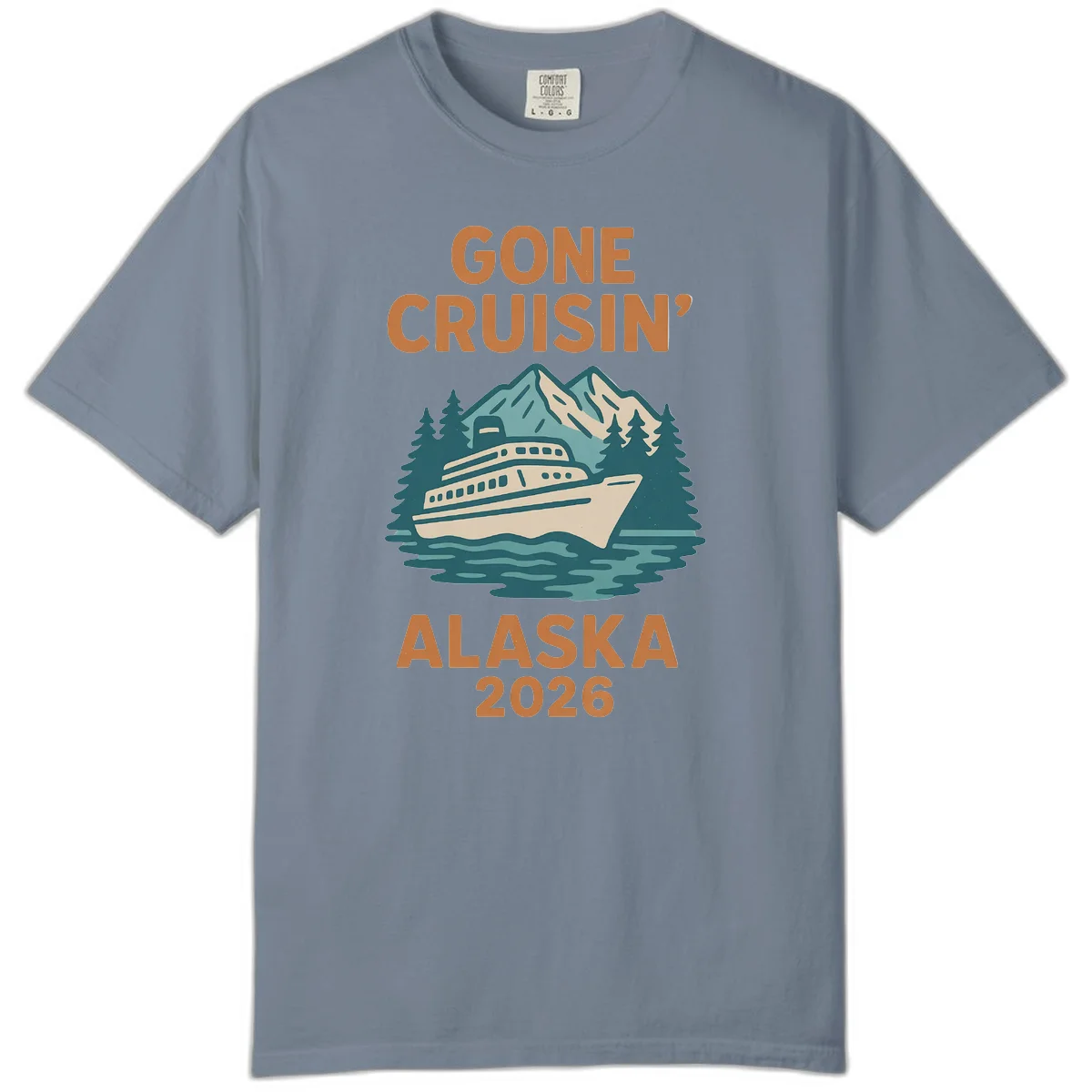 Gone Cruisin' Alaska 2026 Scenic Mountain Ship Comfort Color Tee in Blue Jean