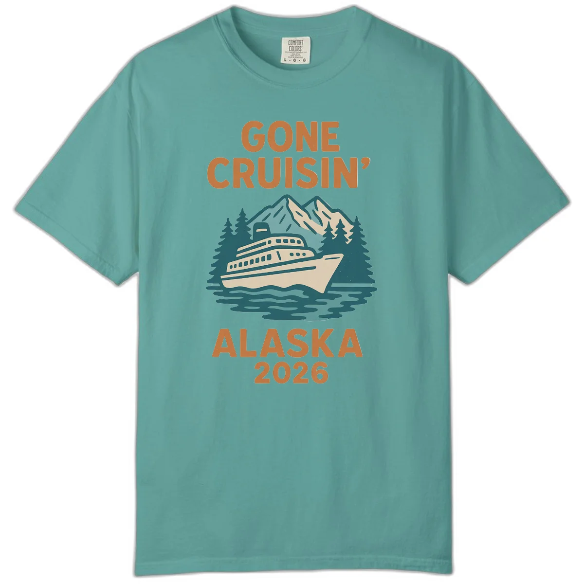 Gone Cruisin' Alaska 2026 Scenic Mountain Ship Comfort Color Tee in Seafoam