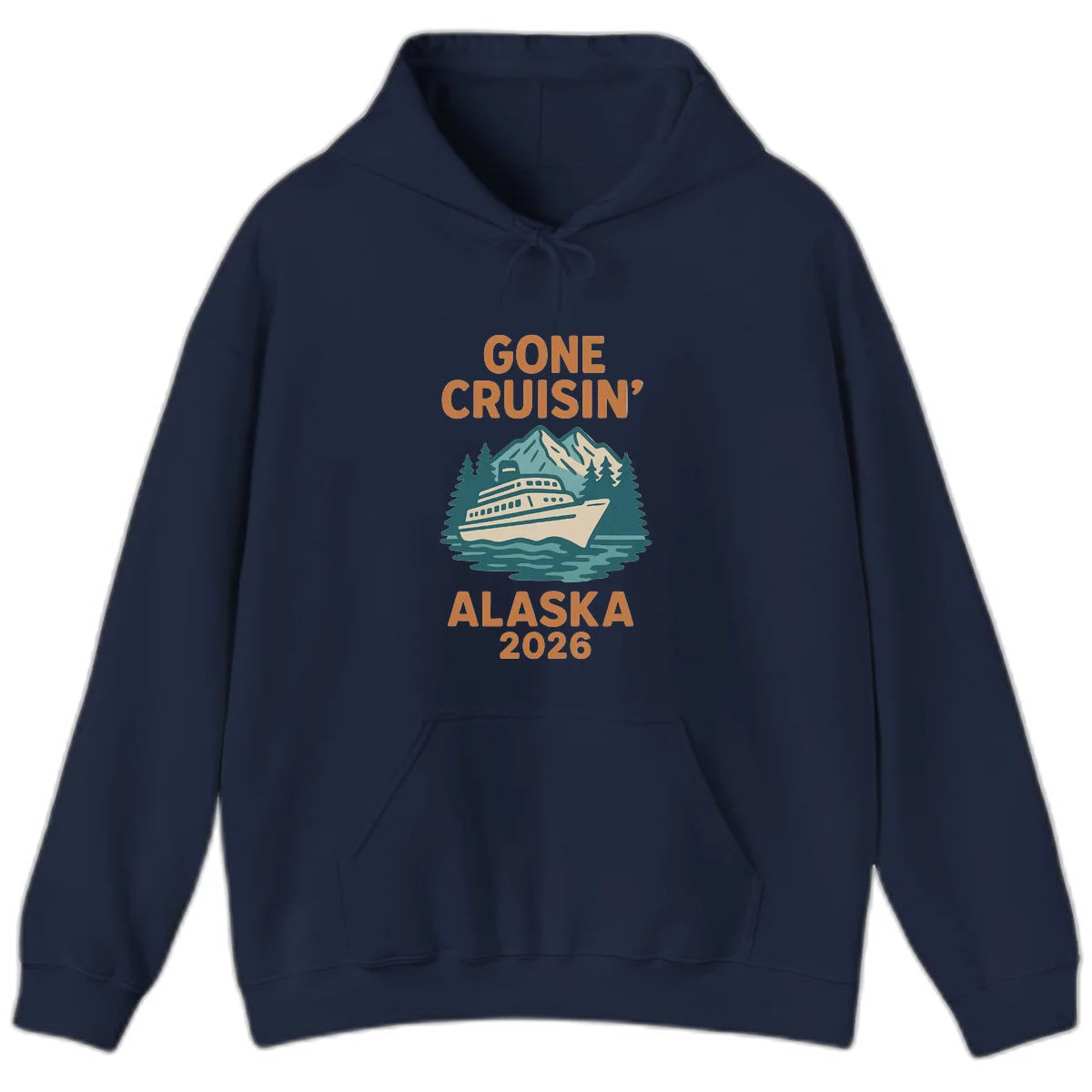 Gone Cruisin' Alaska 2026 Scenic Mountain Ship Hoodie in Navy