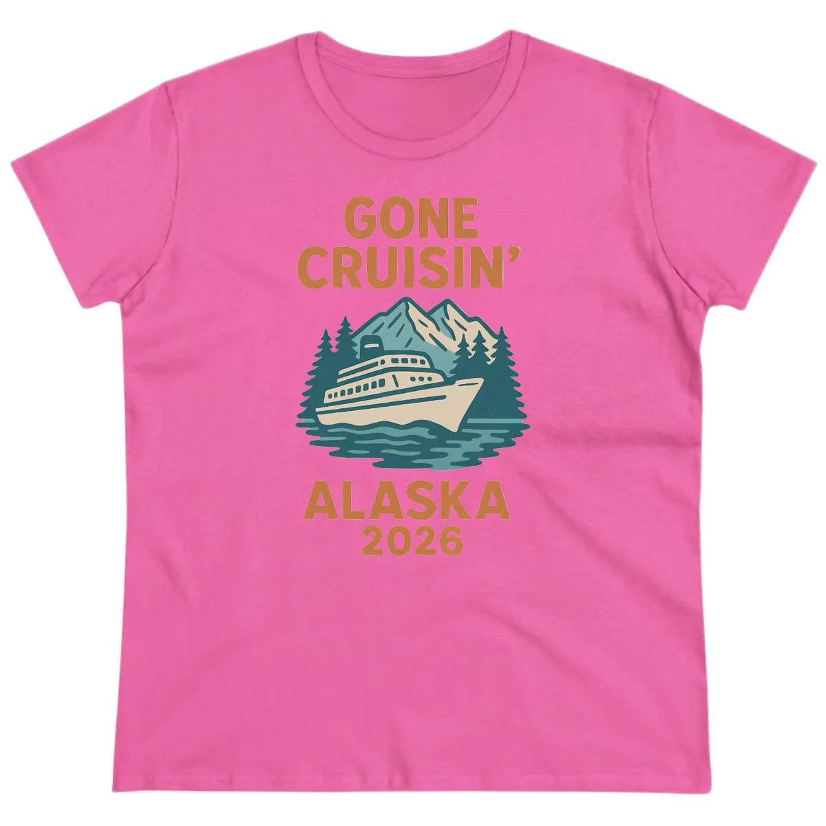 Gone Cruisin' Alaska 2026 Scenic Mountain Ship Ladies Tee in Azalea