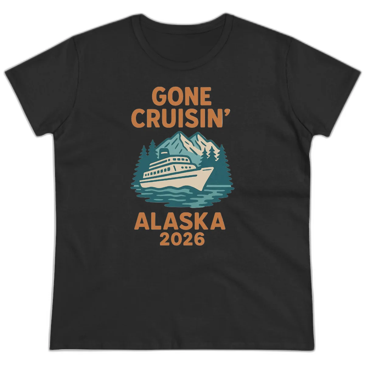 Gone Cruisin' Alaska 2026 Scenic Mountain Ship Ladies Tee in Black