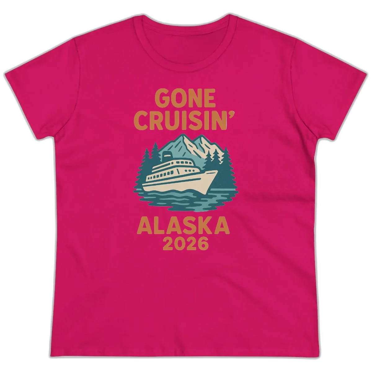 Gone Cruisin' Alaska 2026 Scenic Mountain Ship Ladies Tee in Heliconia