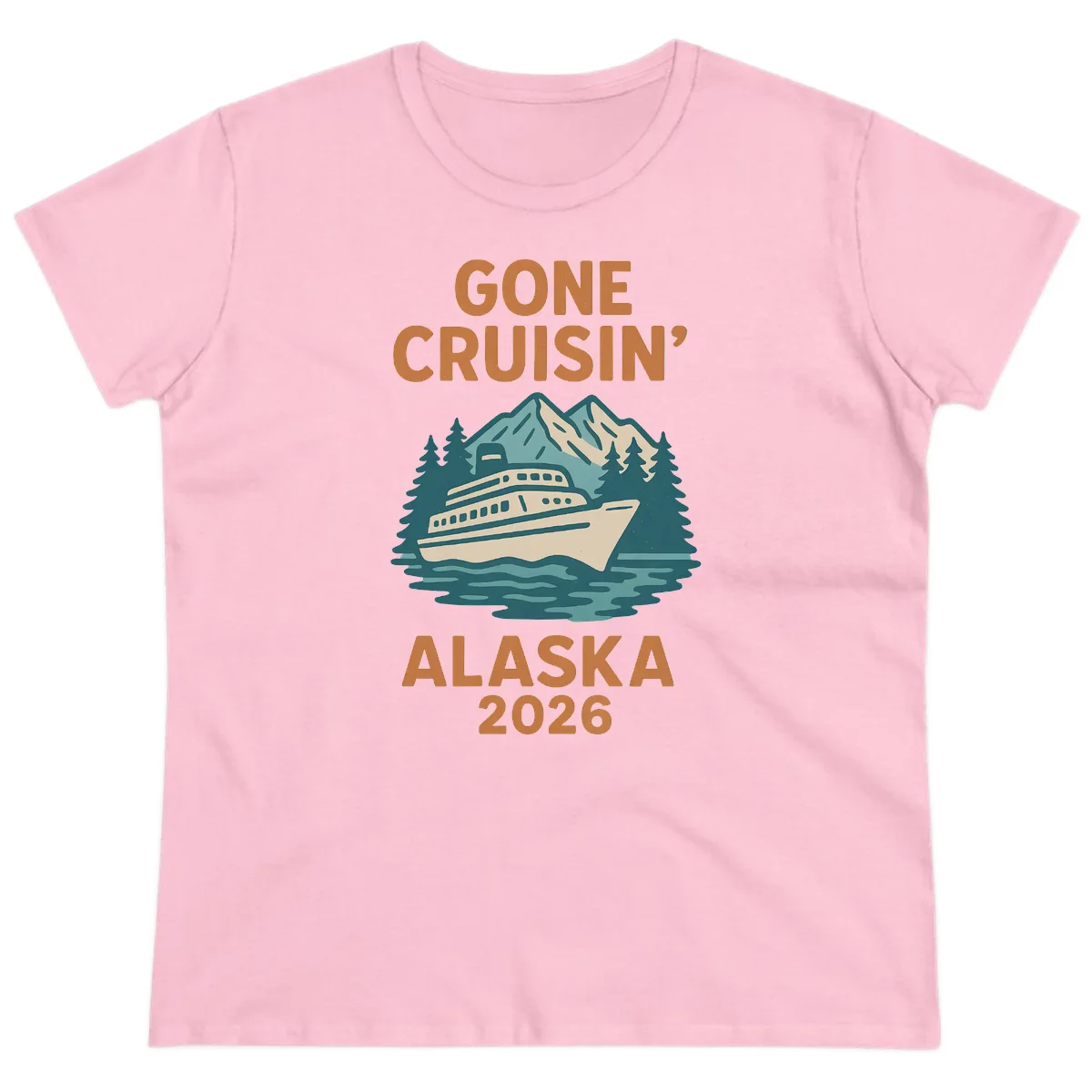 Gone Cruisin' Alaska 2026 Scenic Mountain Ship Ladies Tee in Light Pink
