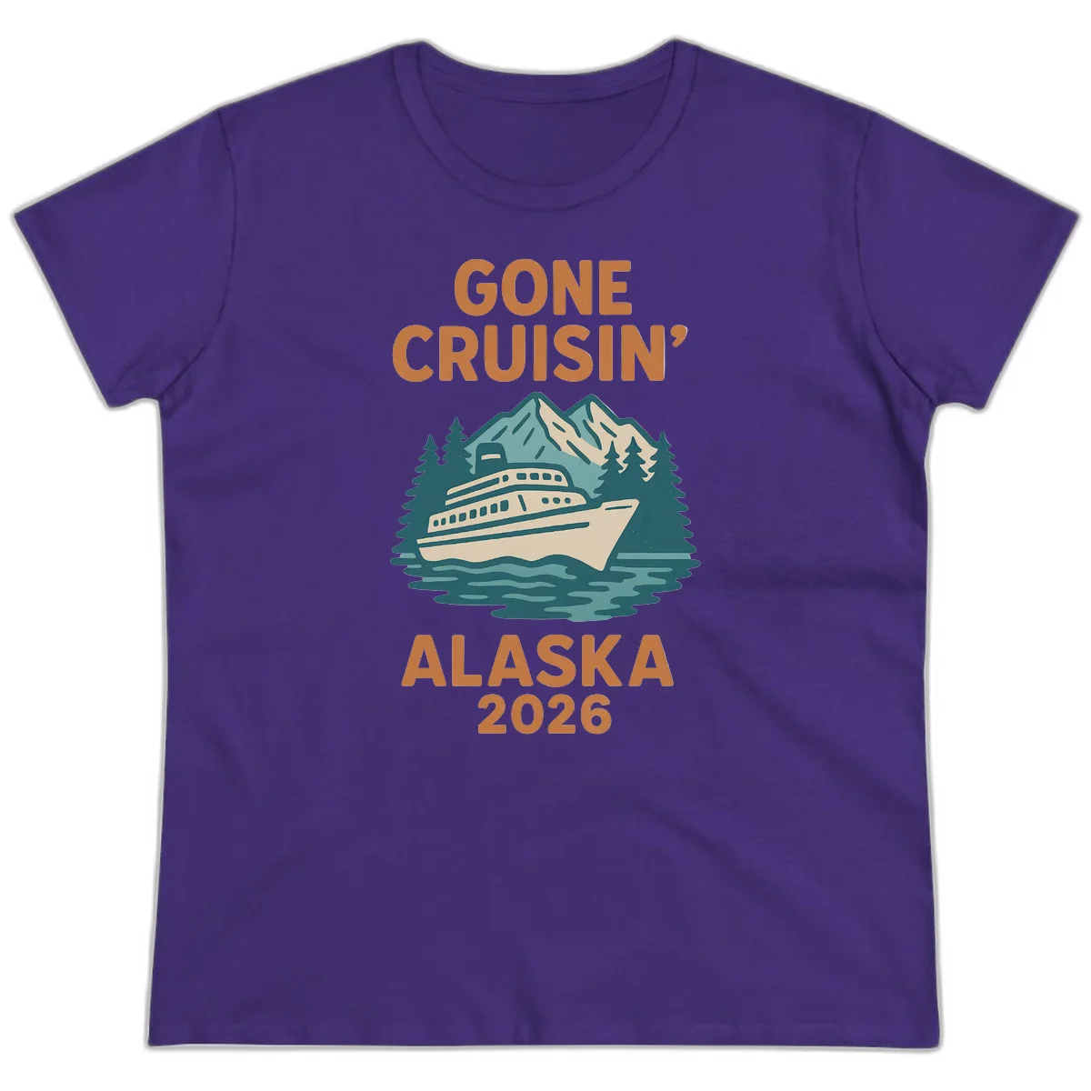 Gone Cruisin' Alaska 2026 Scenic Mountain Ship Ladies Tee in Purple