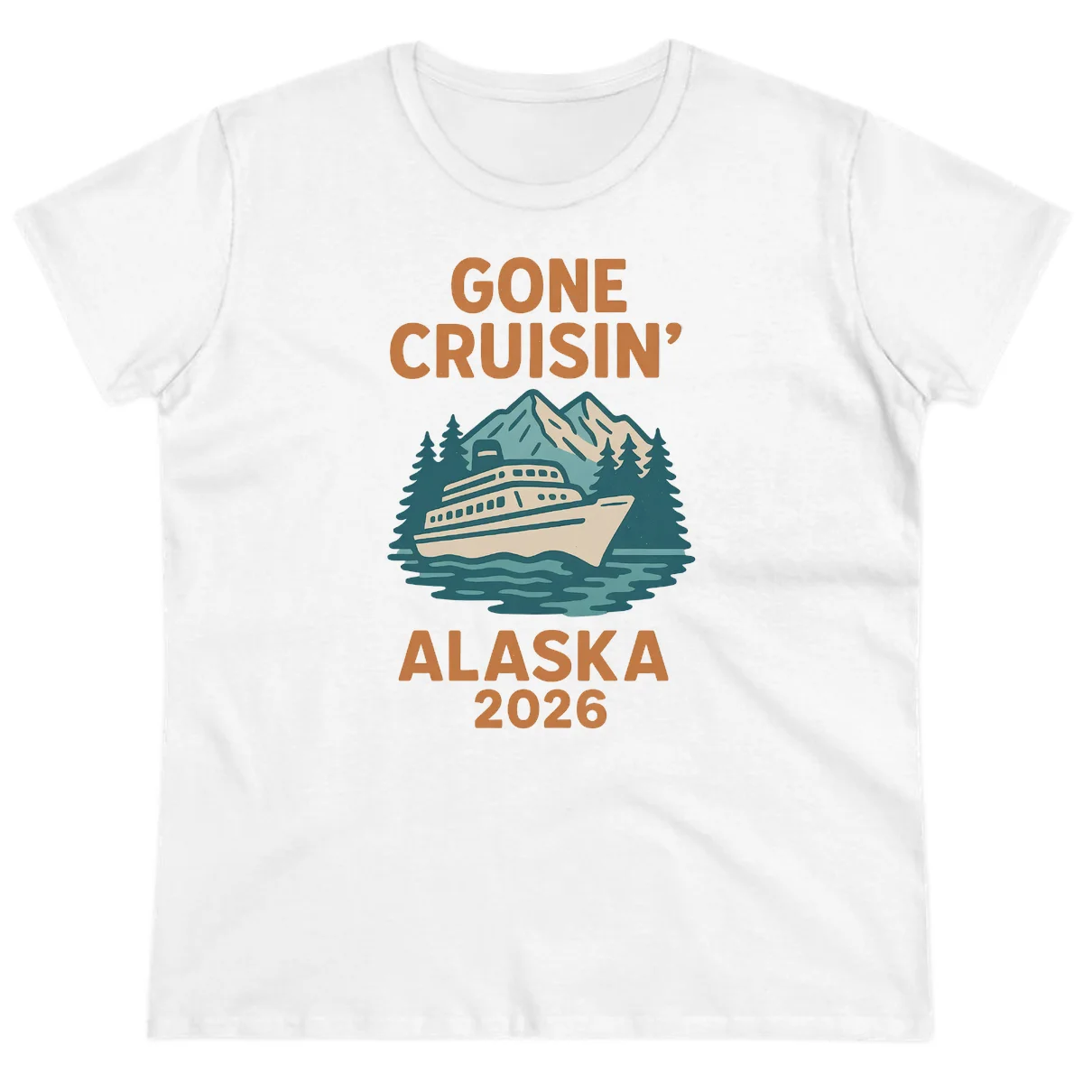 Gone Cruisin' Alaska 2026 Scenic Mountain Ship Ladies Tee in White