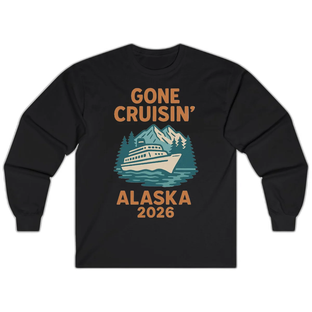 Gone Cruisin' Alaska 2026 Scenic Mountain Ship Long Sleeve Tee in Black