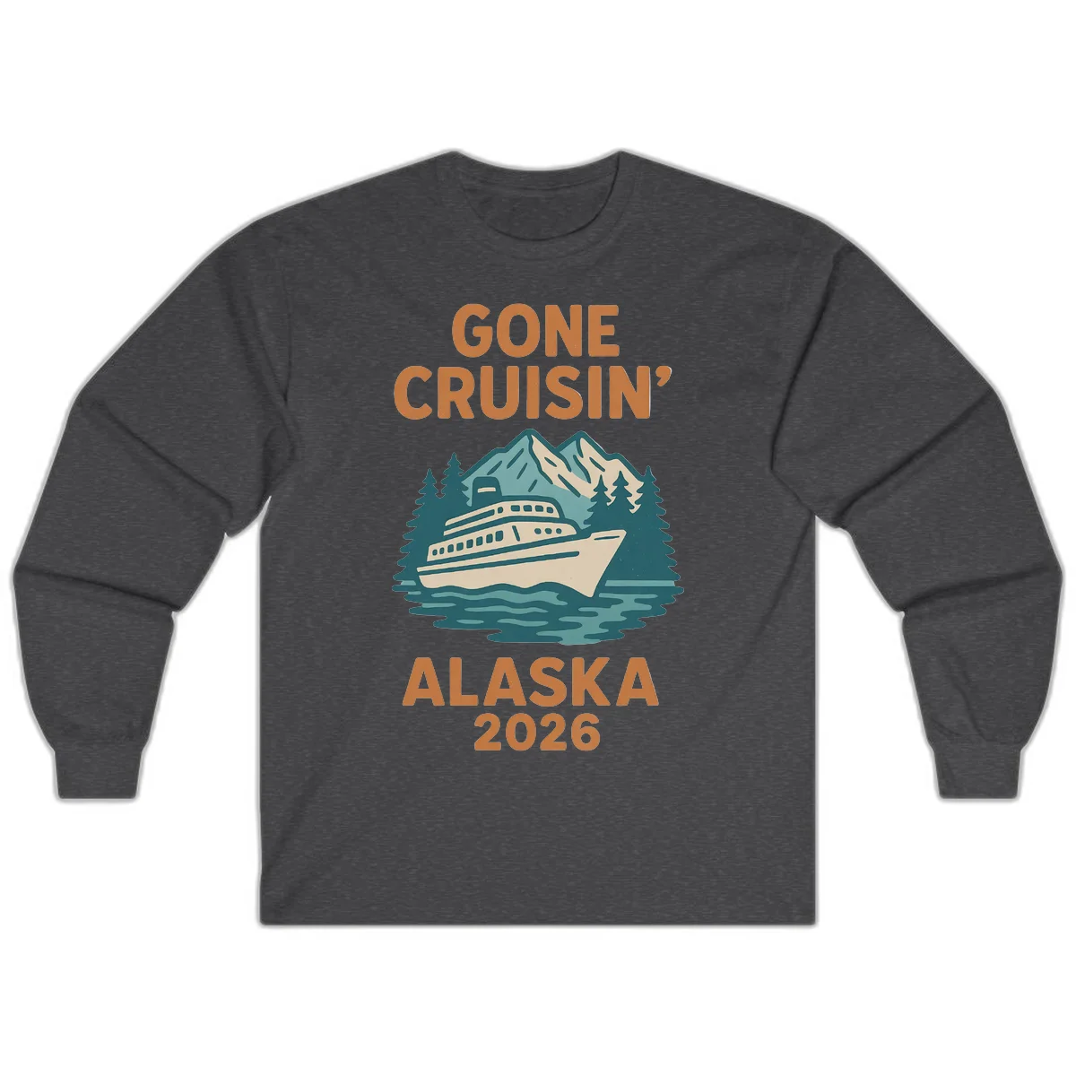 Gone Cruisin' Alaska 2026 Scenic Mountain Ship Long Sleeve Tee in Dark Heather