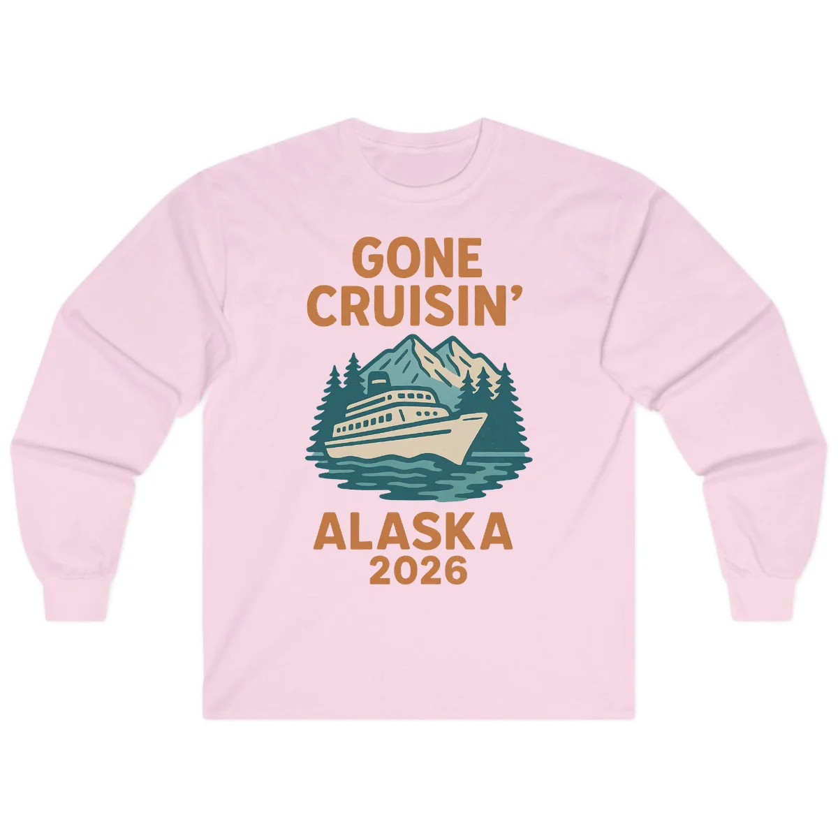 Gone Cruisin' Alaska 2026 Scenic Mountain Ship Long Sleeve Tee in Light Pink