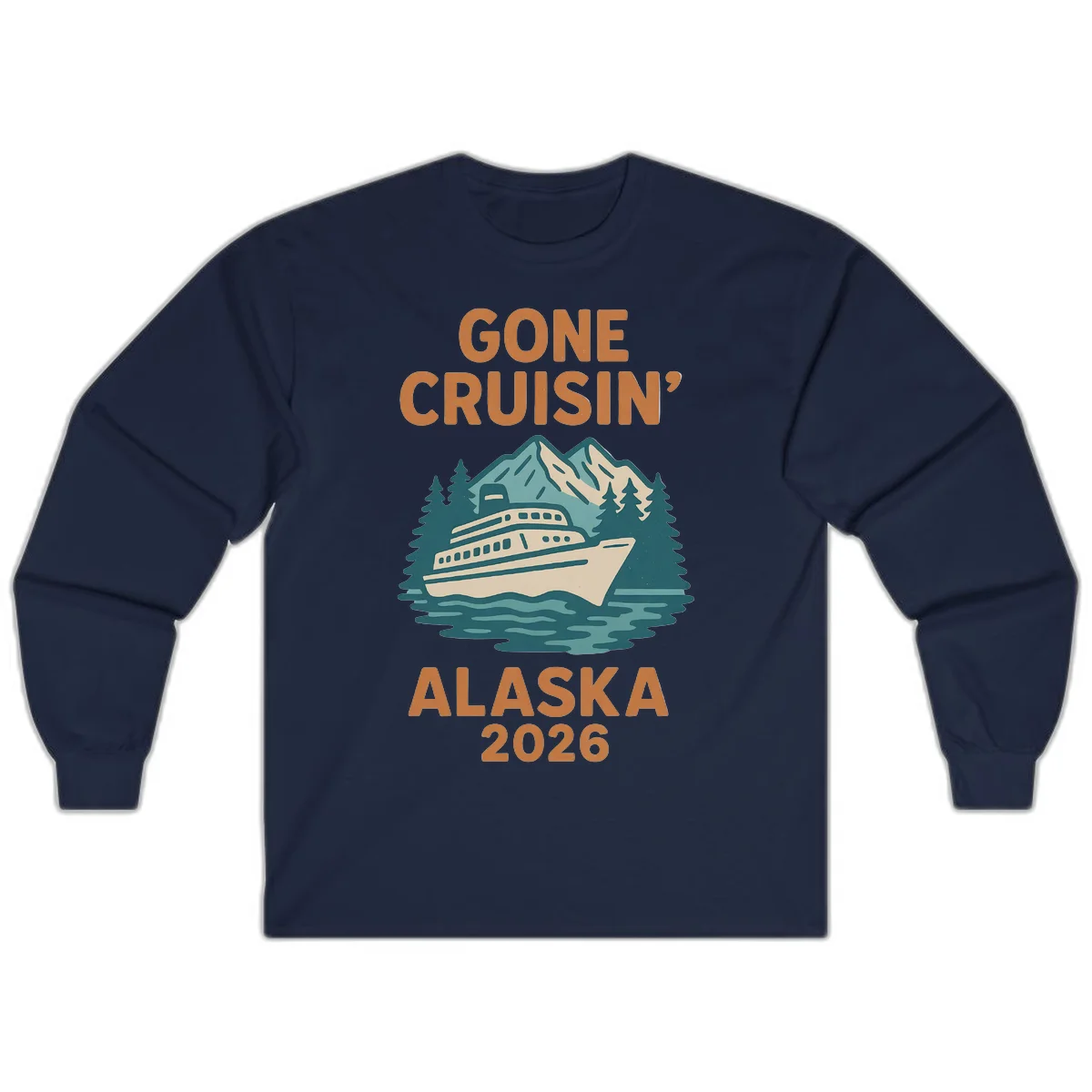 Gone Cruisin' Alaska 2026 Scenic Mountain Ship Long Sleeve Tee in Navy