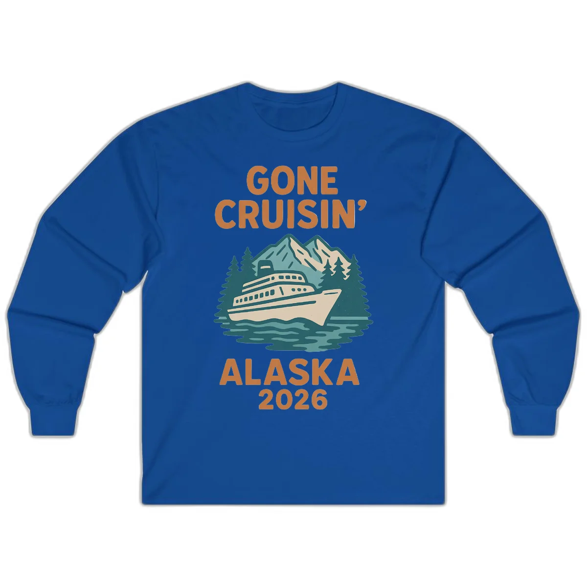 Gone Cruisin' Alaska 2026 Scenic Mountain Ship Long Sleeve Tee in Royal