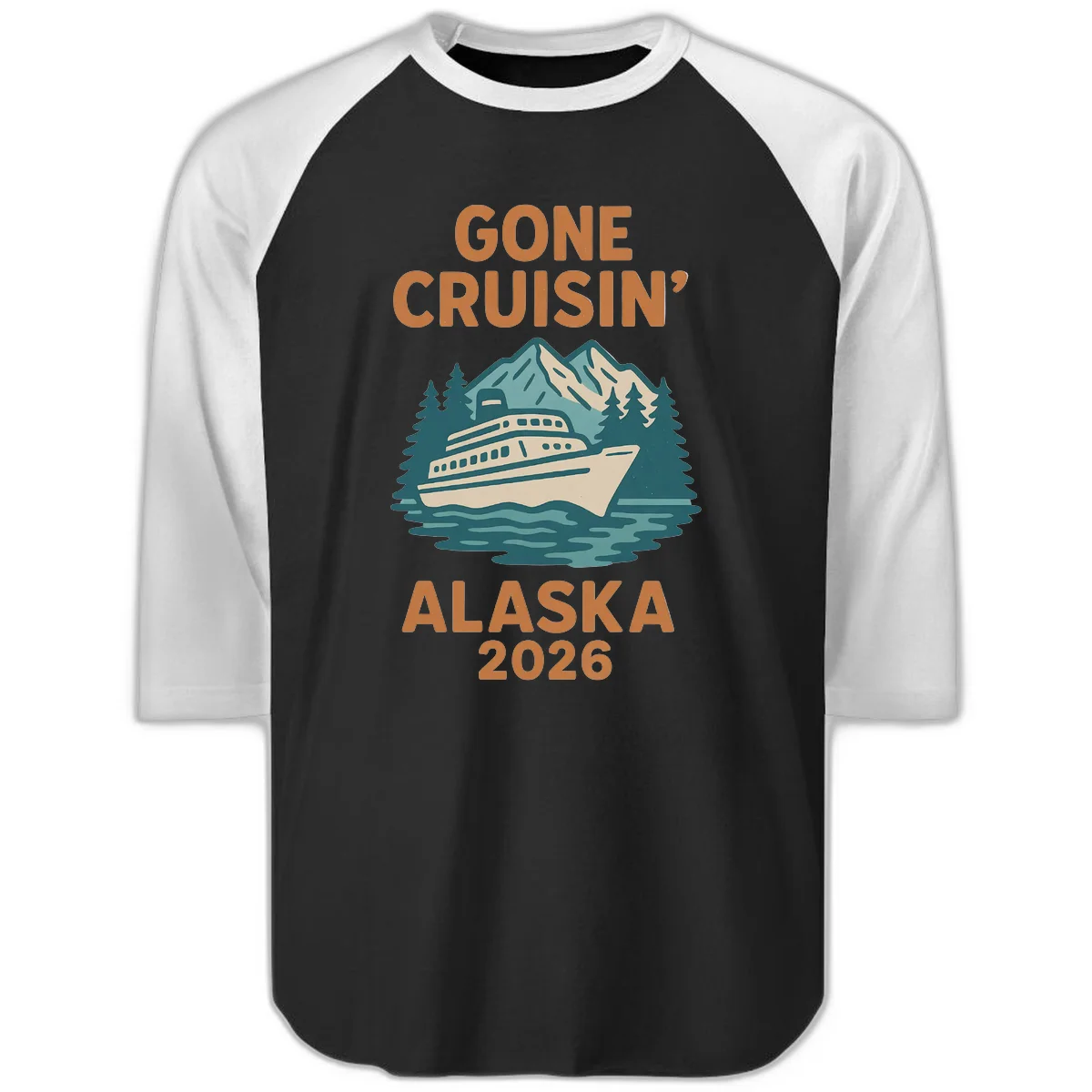 Gone Cruisin' Alaska 2026 Scenic Mountain Ship Raglan 3/4 Tee in Black White