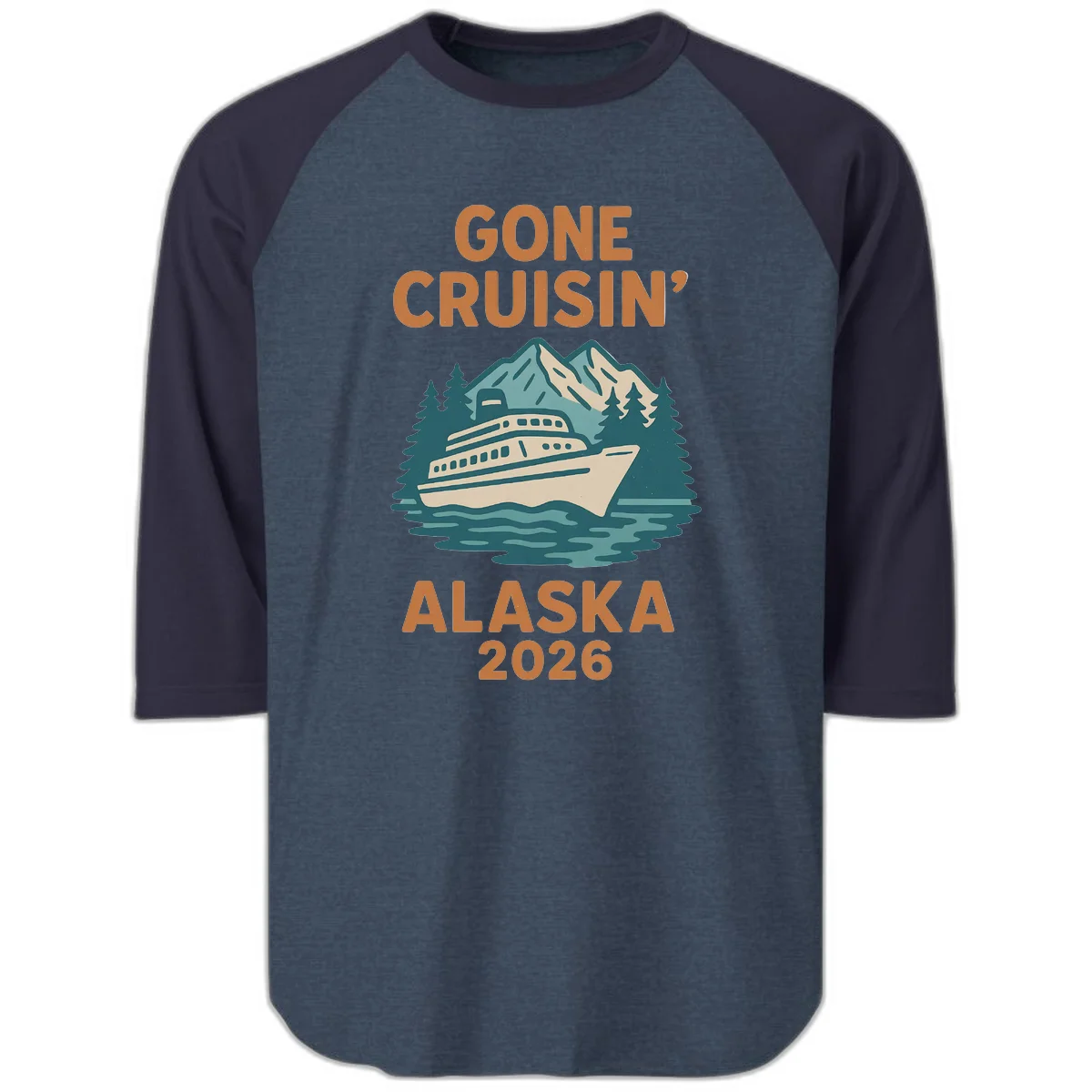 Gone Cruisin' Alaska 2026 Scenic Mountain Ship Raglan 3/4 Tee in Heather Denim Navy