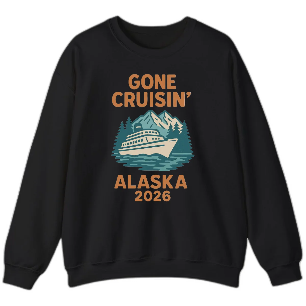 Gone Cruisin' Alaska 2026 Scenic Mountain Ship Crewneck Sweatshirt in Black