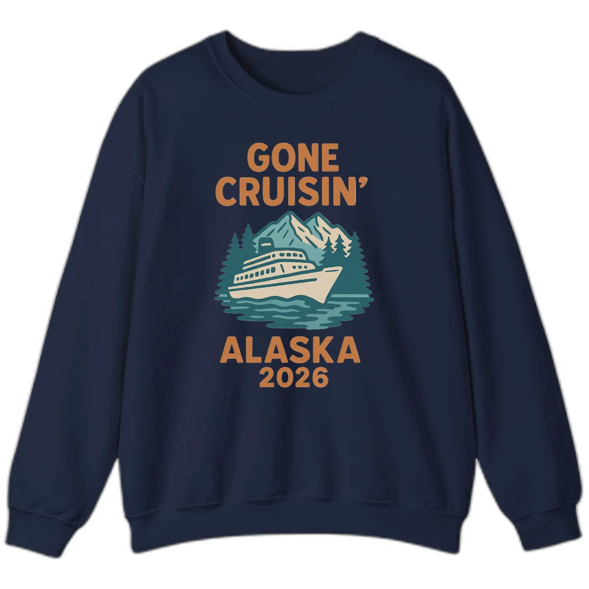 Gone Cruisin' Alaska 2026 Scenic Mountain Ship Crewneck Sweatshirt in Navy
