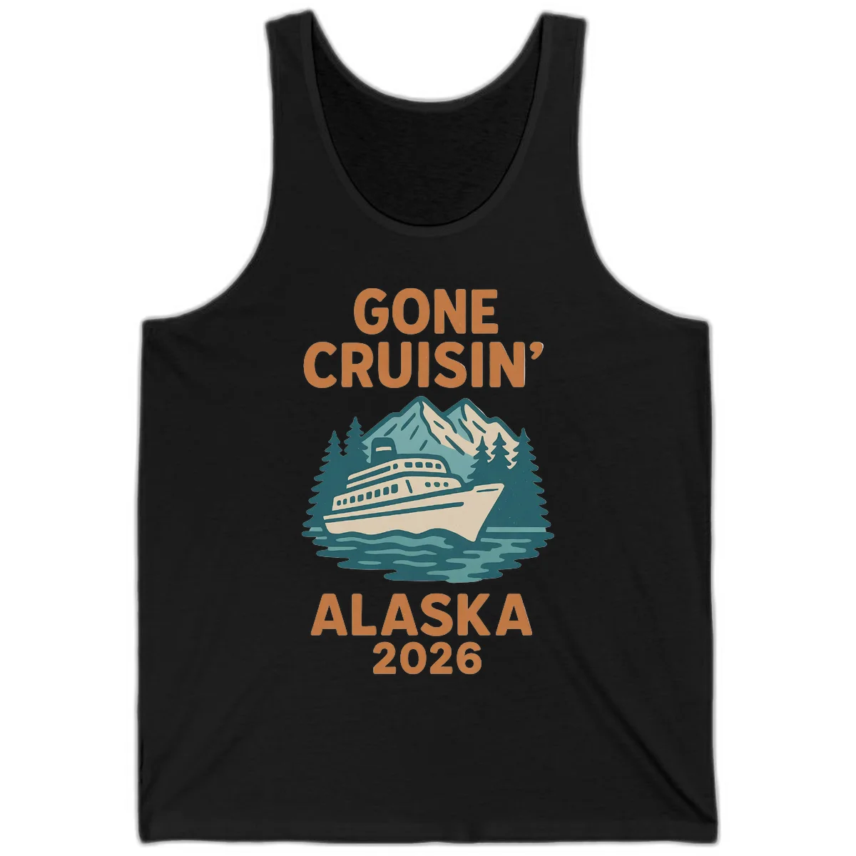 Gone Cruisin' Alaska 2026 Scenic Mountain Ship Tank Top in Black