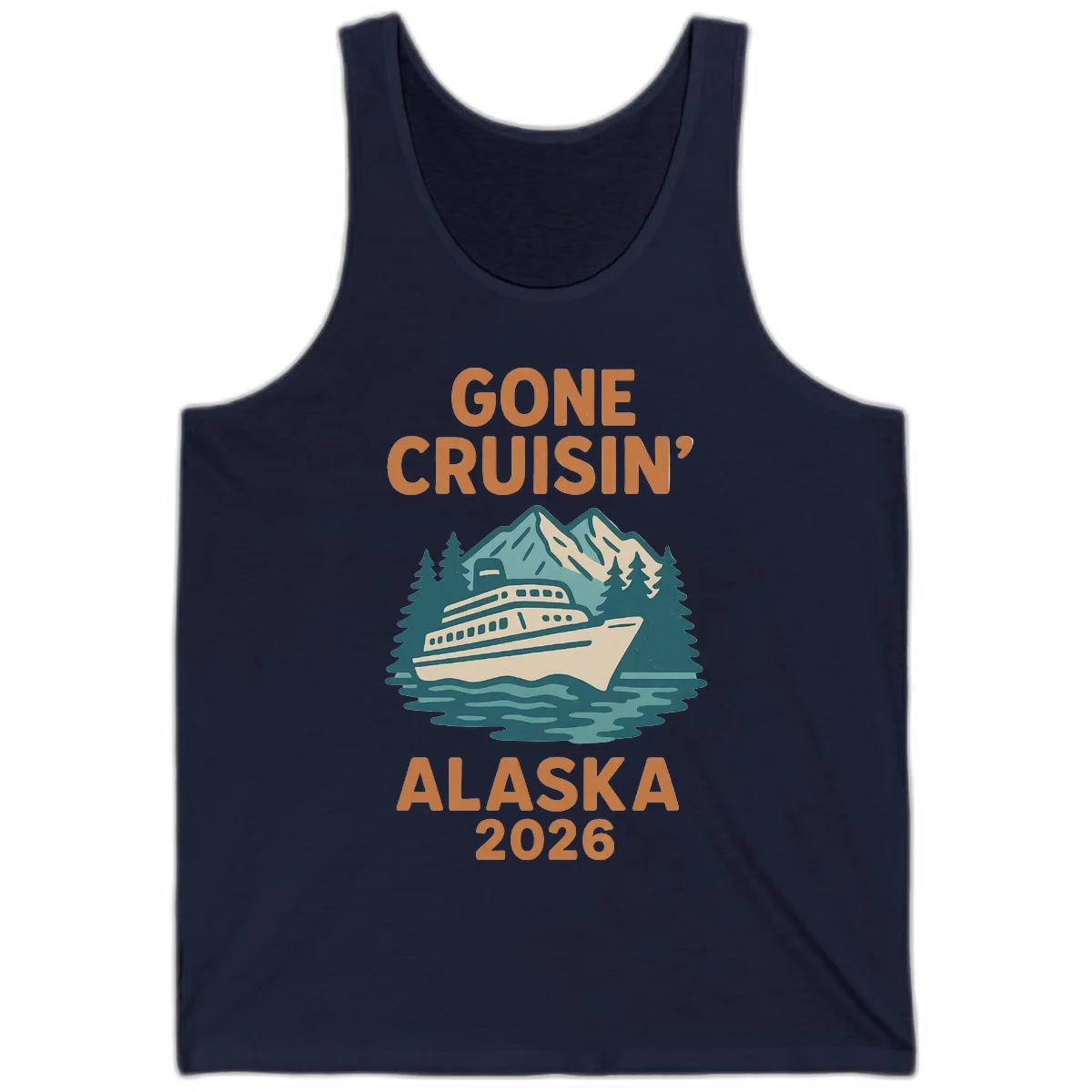 Gone Cruisin' Alaska 2026 Scenic Mountain Ship Tank Top in Navy