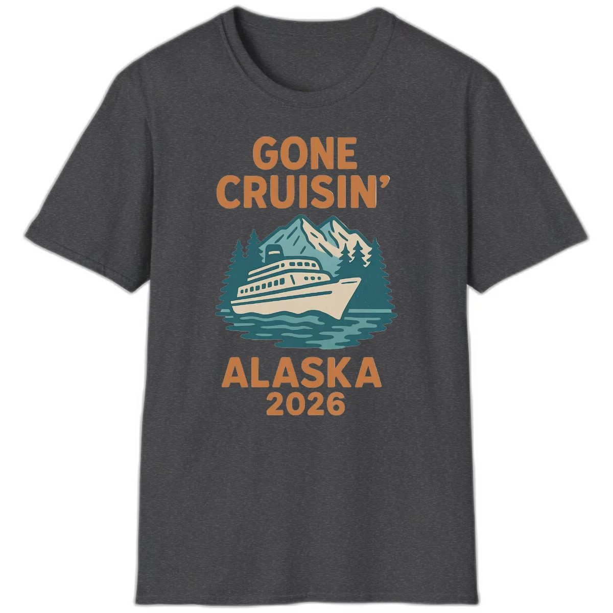 Gone Cruisin' Alaska 2026 Scenic Mountain Ship T-Shirt in Dark Heather
