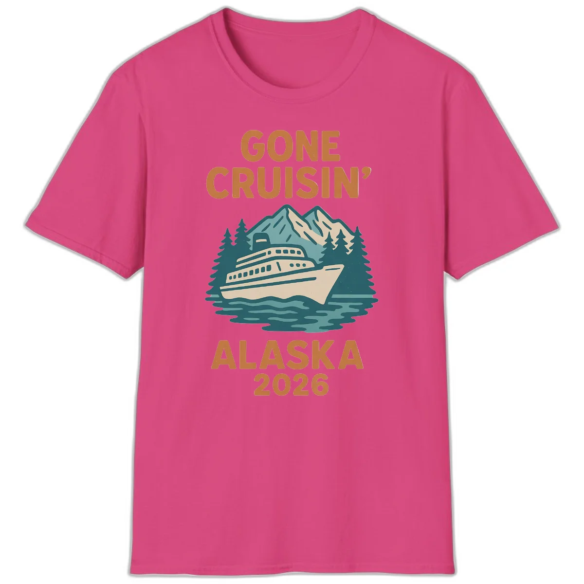 Gone Cruisin' Alaska 2026 Scenic Mountain Ship T-Shirt in Heliconia