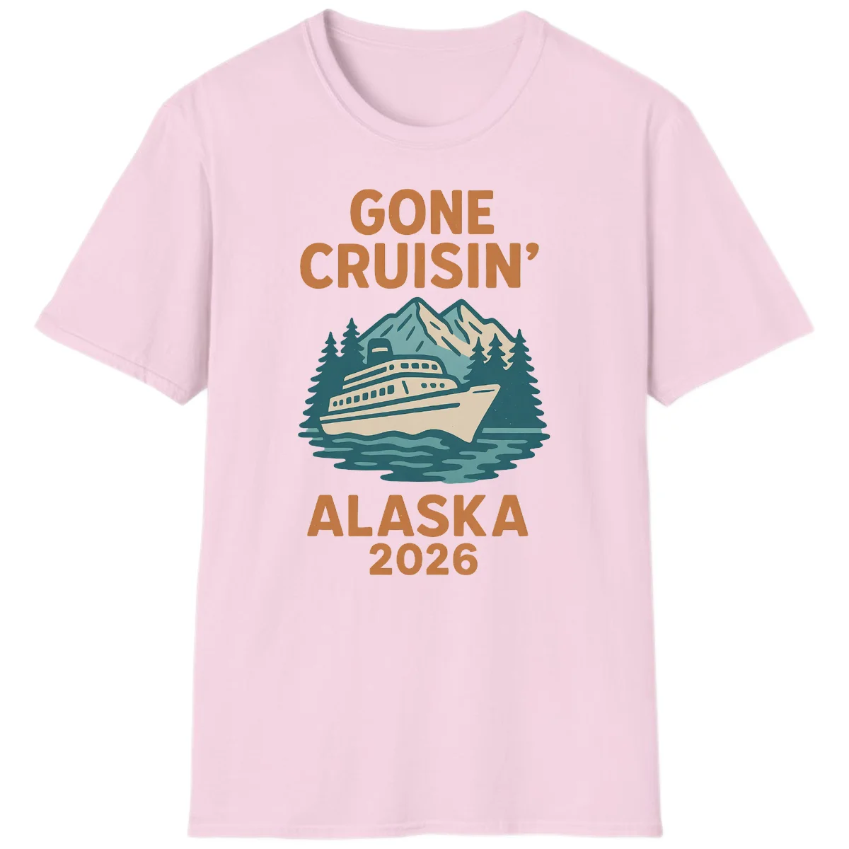 Gone Cruisin' Alaska 2026 Scenic Mountain Ship T-Shirt in Light Pink