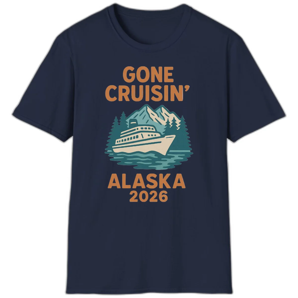 Gone Cruisin' Alaska 2026 Scenic Mountain Ship T-Shirt in Navy