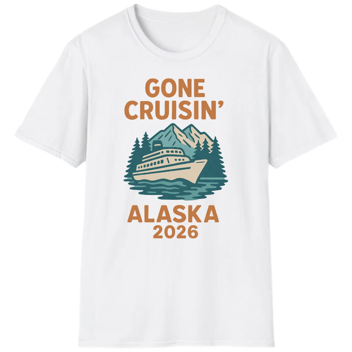 Gone Cruisin' Alaska 2026 Scenic Mountain Ship T-Shirt in White
