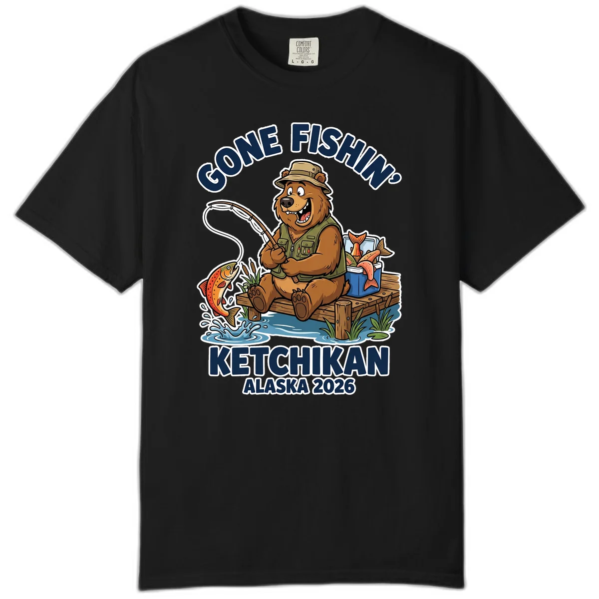 Gone Fishin' Ketchikan Alaska Bear Fishing Adventure Comfort Color T-Shirt in Black