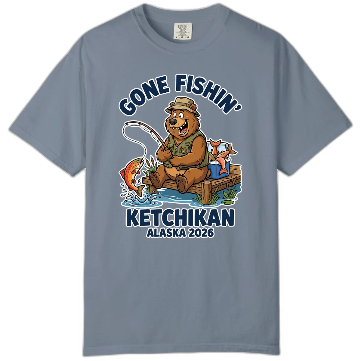 Gone Fishin' Ketchikan Alaska Bear Fishing Adventure Comfort Color T-Shirt in Blue Jean