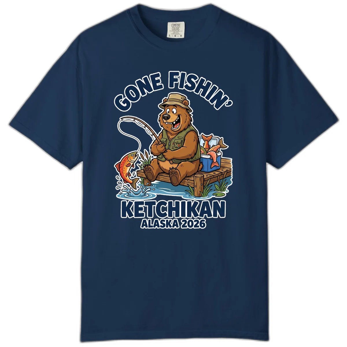 Gone Fishin' Ketchikan Alaska Bear Fishing Adventure Comfort Color T-Shirt in Navy