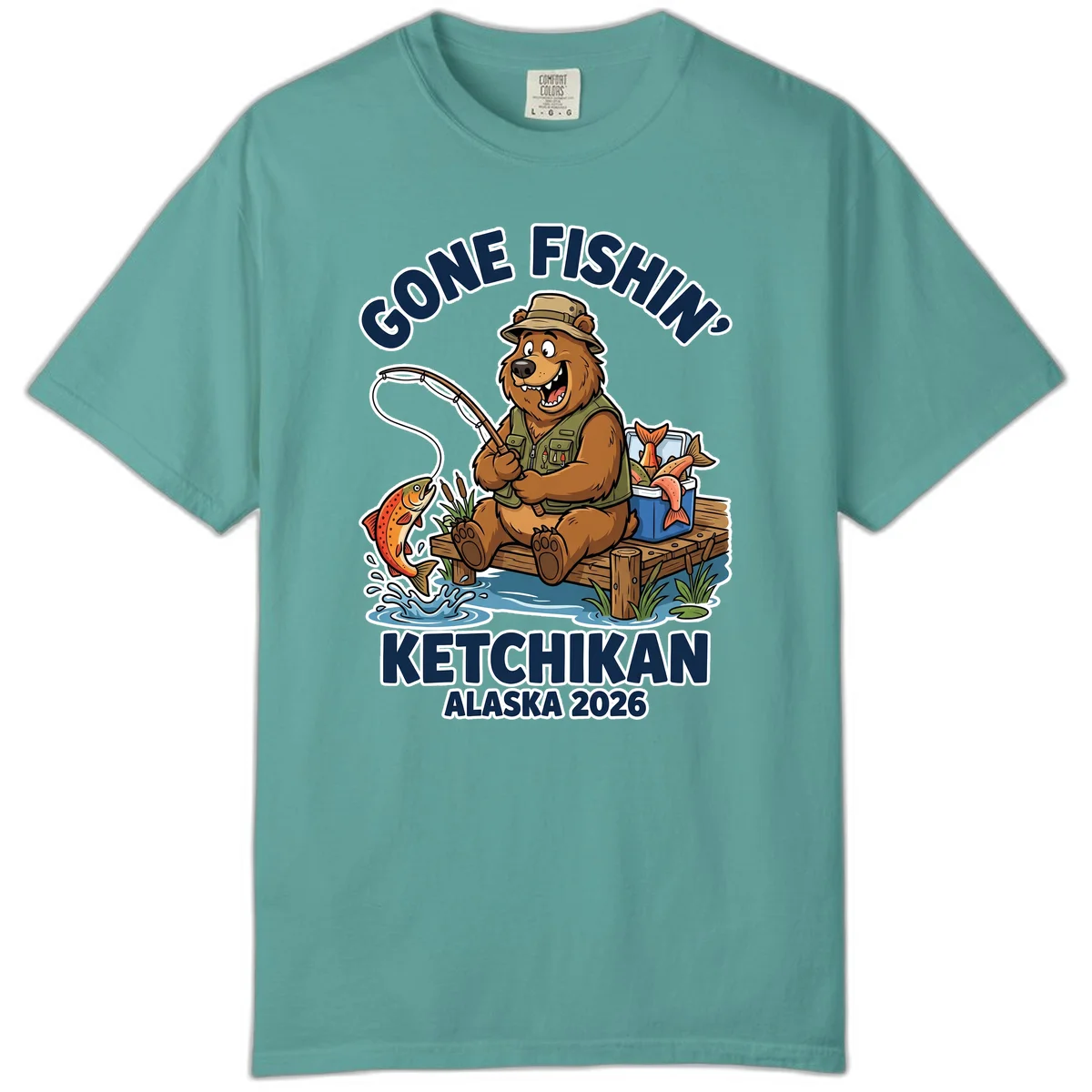 Gone Fishin' Ketchikan Alaska Bear Fishing Adventure Comfort Color T-Shirt in Seafoam