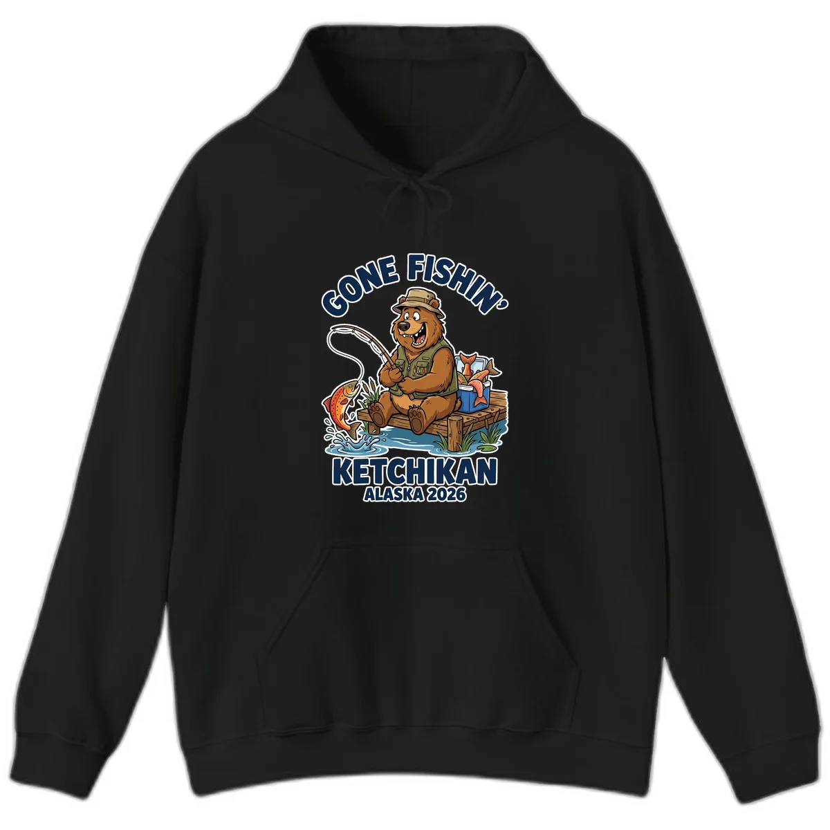 Gone Fishin' Ketchikan Alaska Bear Fishing Adventure Hoodie in Black
