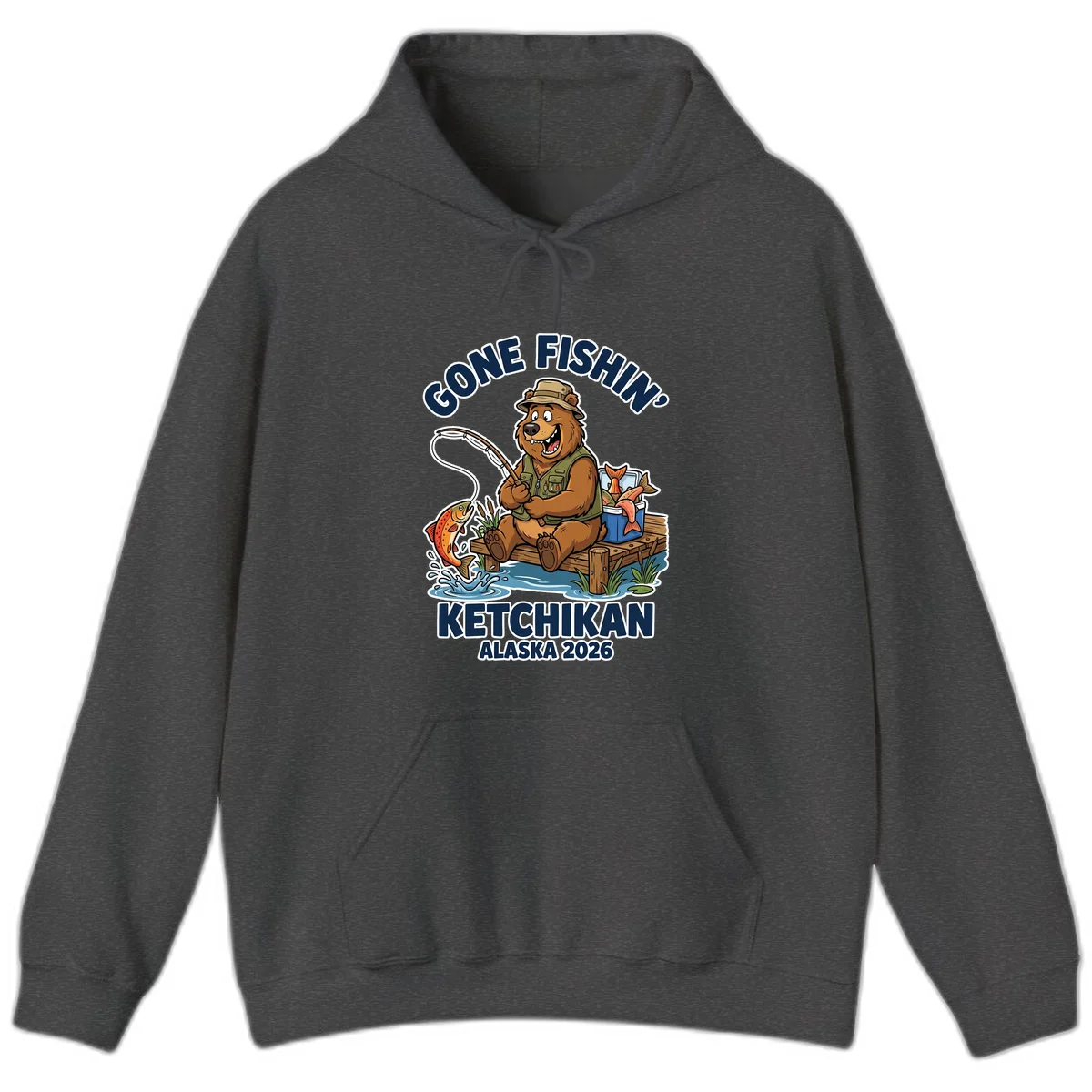 Gone Fishin' Ketchikan Alaska Bear Fishing Adventure Hoodie in Dark Heather