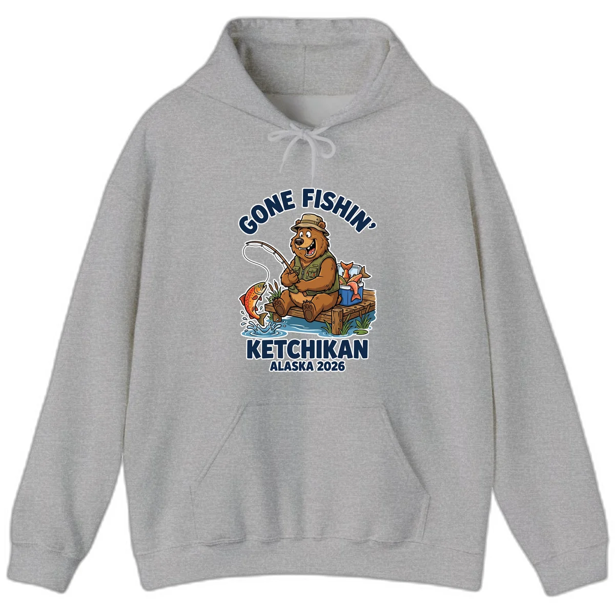 Gone Fishin' Ketchikan Alaska Bear Fishing Adventure Hoodie in Sport Grey
