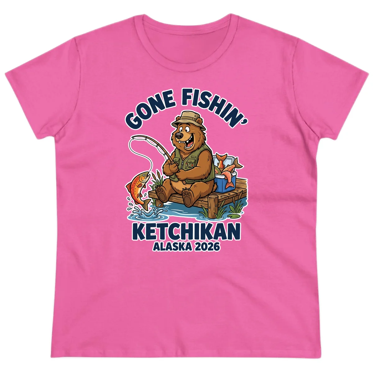 Gone Fishin' Ketchikan Alaska Bear Fishing Adventure Ladies Tee in Azalea