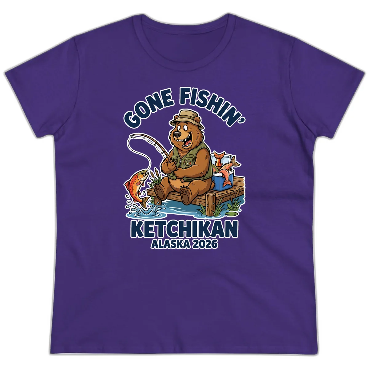 Gone Fishin' Ketchikan Alaska Bear Fishing Adventure Ladies Tee in Purple