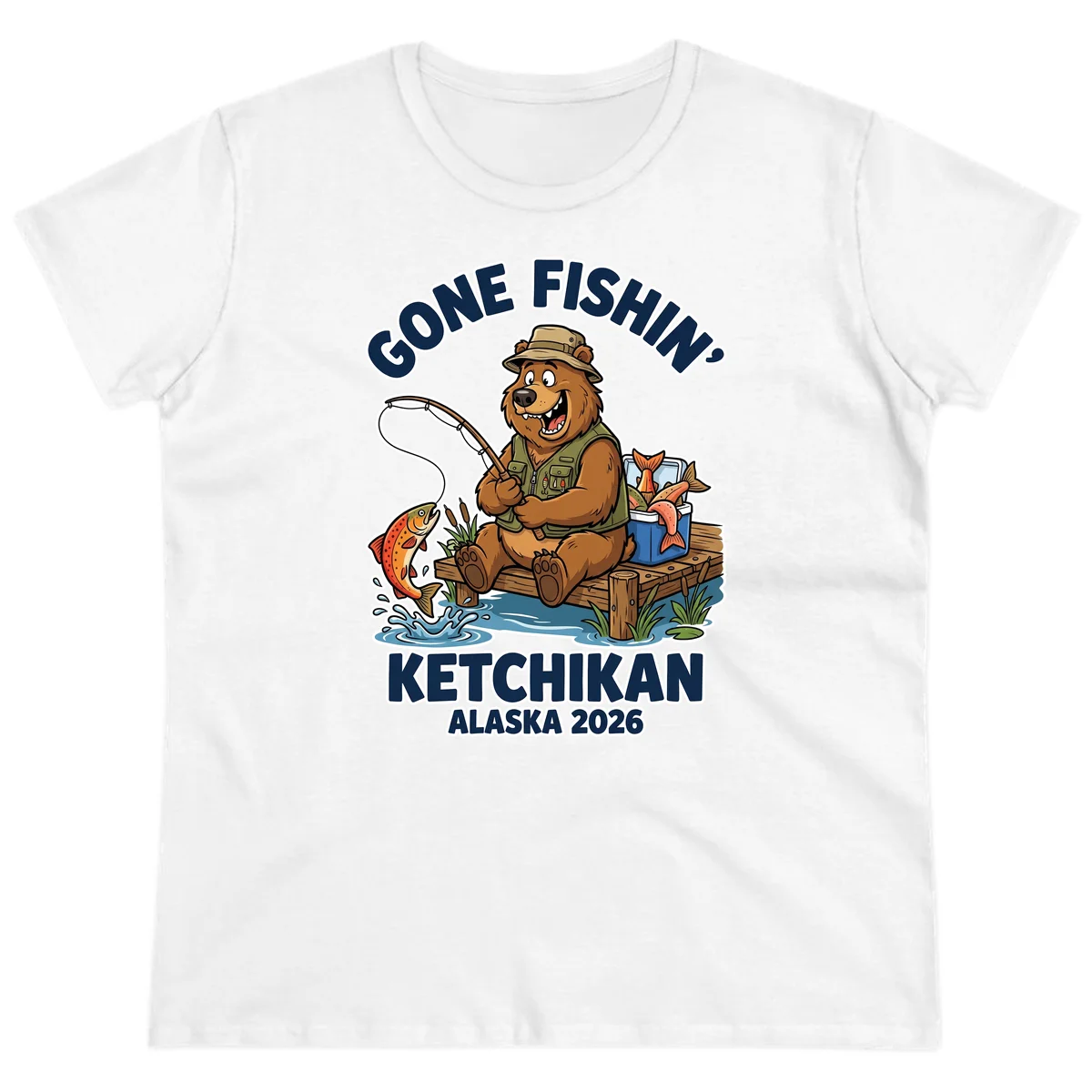 Gone Fishin' Ketchikan Alaska Bear Fishing Adventure Ladies Tee in White