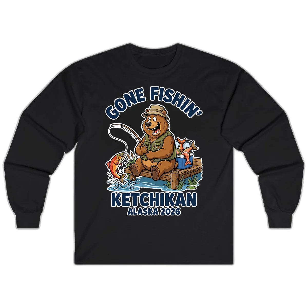 Gone Fishin' Ketchikan Alaska Bear Fishing Adventure Long Sleeve Shirt in Black