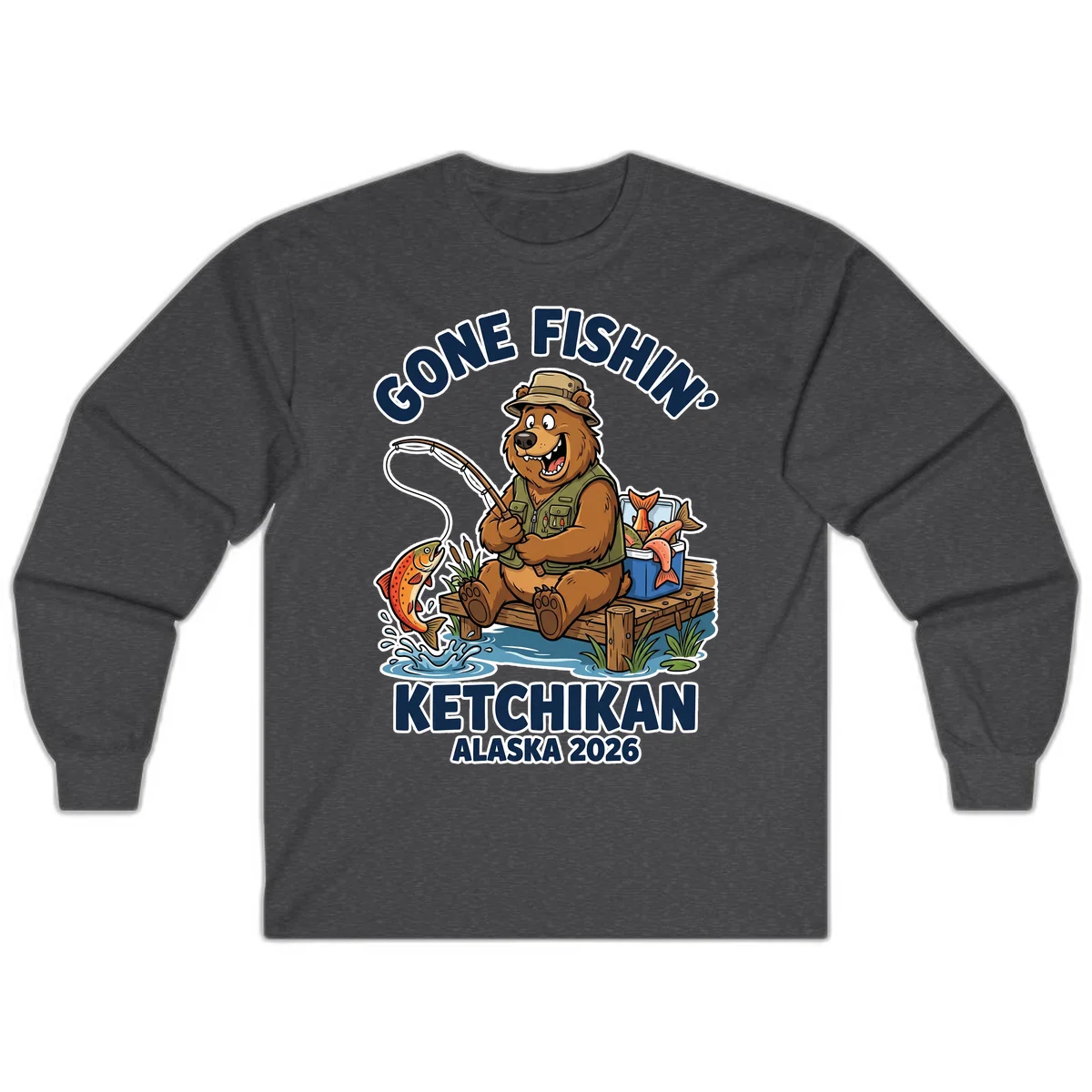 Gone Fishin' Ketchikan Alaska Bear Fishing Adventure Long Sleeve Shirt in Dark Heather