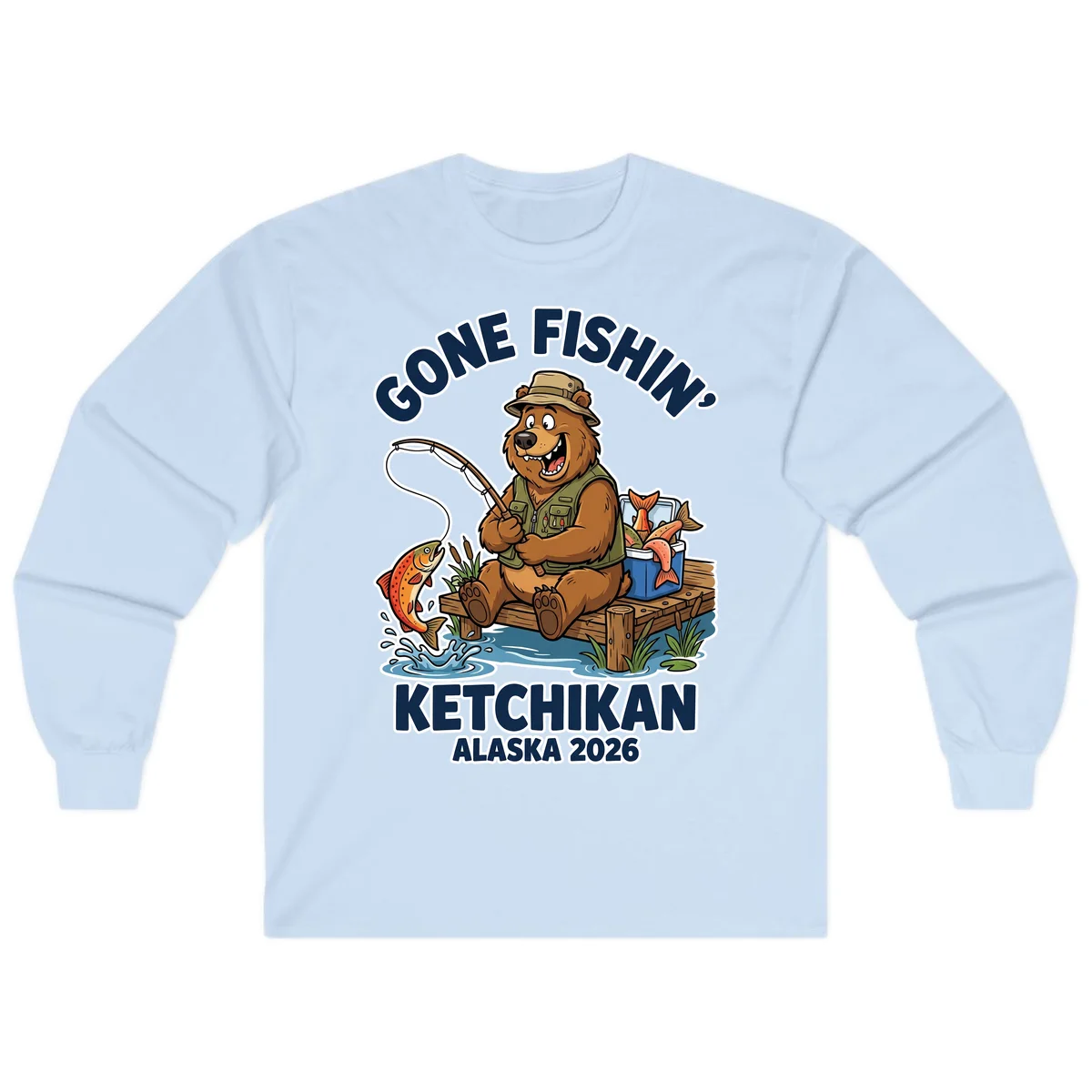 Gone Fishin' Ketchikan Alaska Bear Fishing Adventure Long Sleeve Shirt in Light Blue