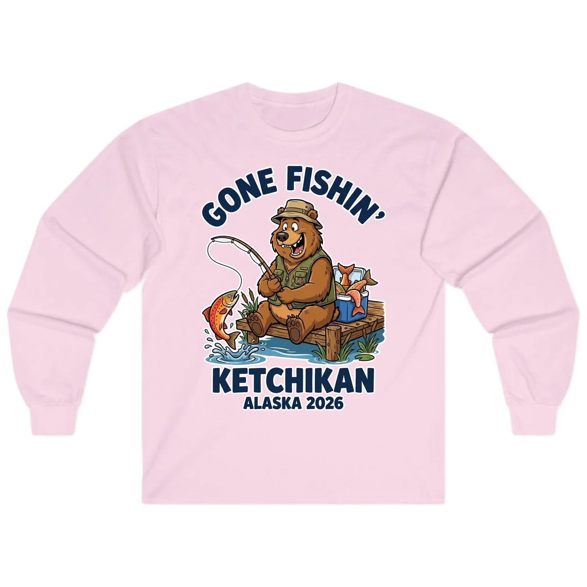 Gone Fishin' Ketchikan Alaska Bear Fishing Adventure Long Sleeve Shirt in Light Pink