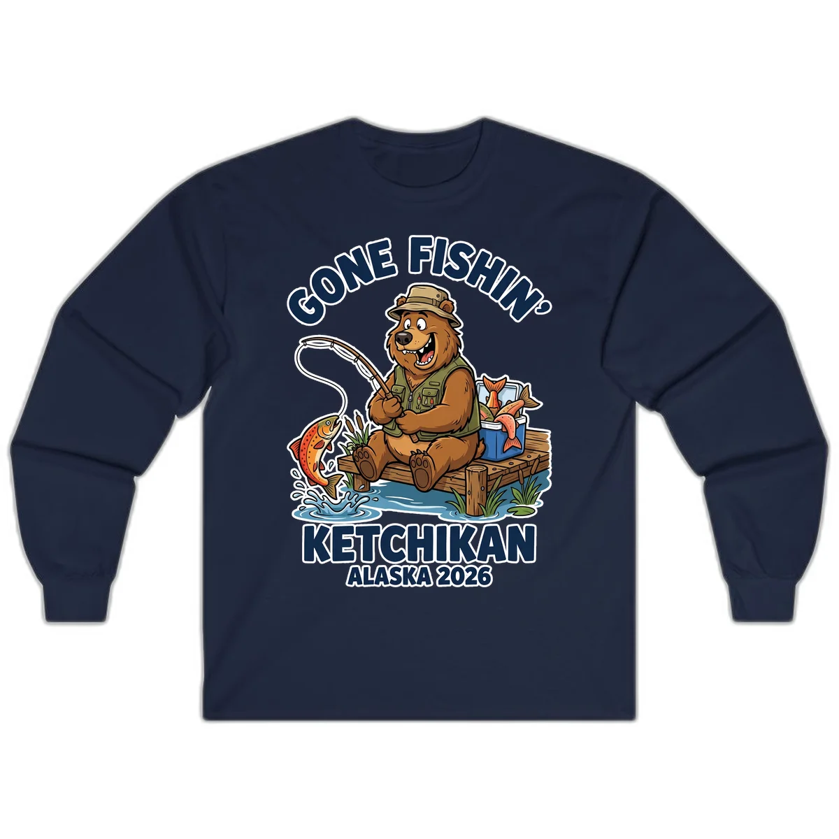 Gone Fishin' Ketchikan Alaska Bear Fishing Adventure Long Sleeve Shirt in Navy