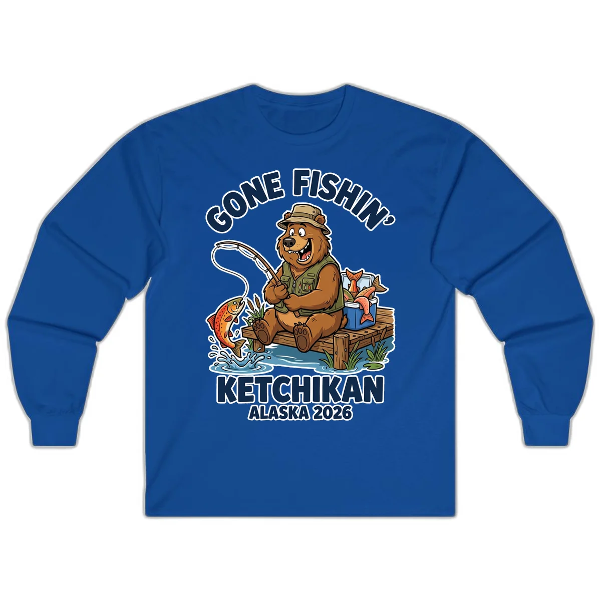 Gone Fishin' Ketchikan Alaska Bear Fishing Adventure Long Sleeve Shirt in Royal